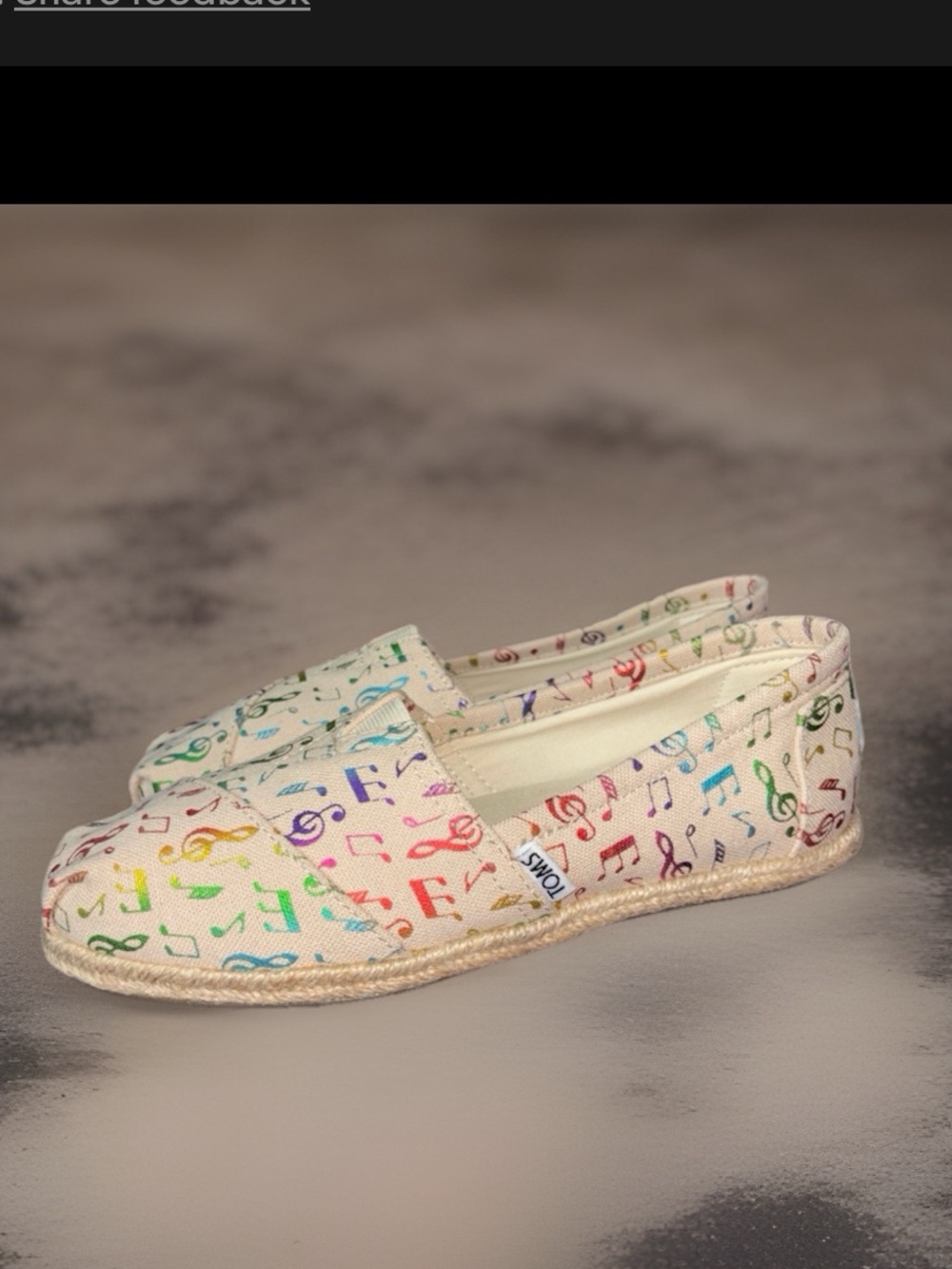 NWOT, TOMS Rainbow Music Notes canvas slip-on shoes. Women’s size 8.5W